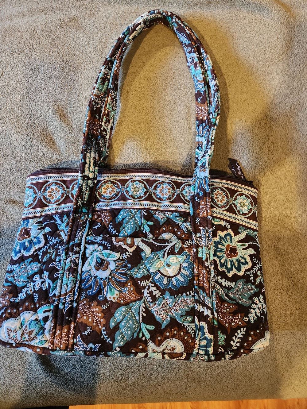 Vera Bradley Brown Floral Quilted Shoulder Bag with Turquoise Accents